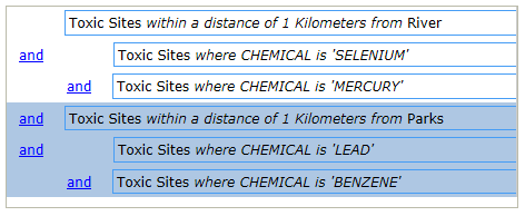 Auswählen der zweiten Gruppe von Attributausdrücken und des räumlichen Ausdrucks, zu dem sie gehören